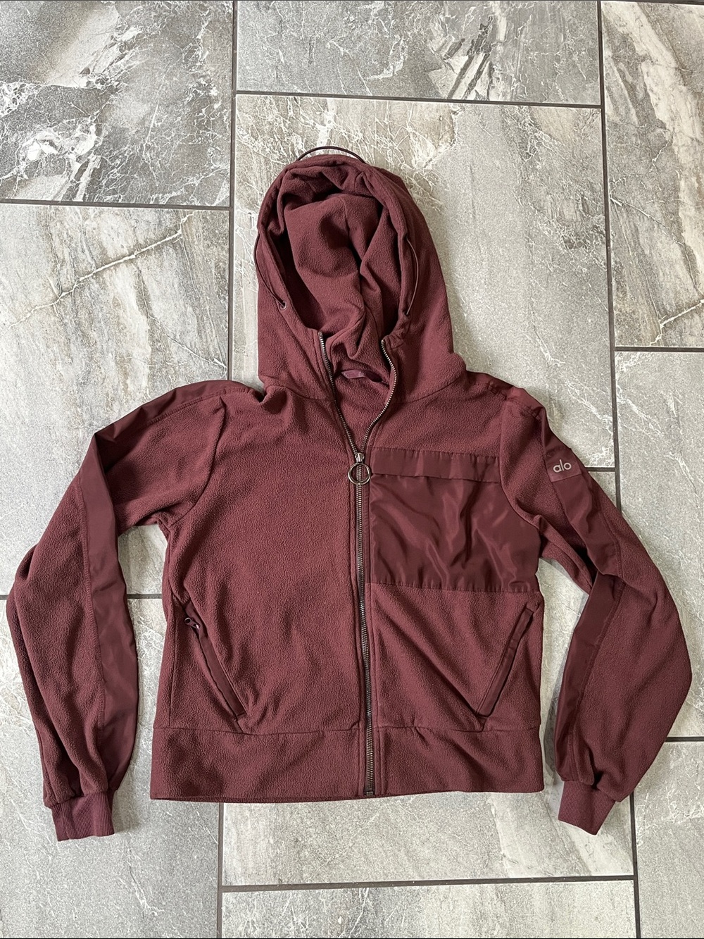 🤍 Alo Yoga Halo Fleece Jacket Size Small Deep Burgundy Full Zip Hooded
